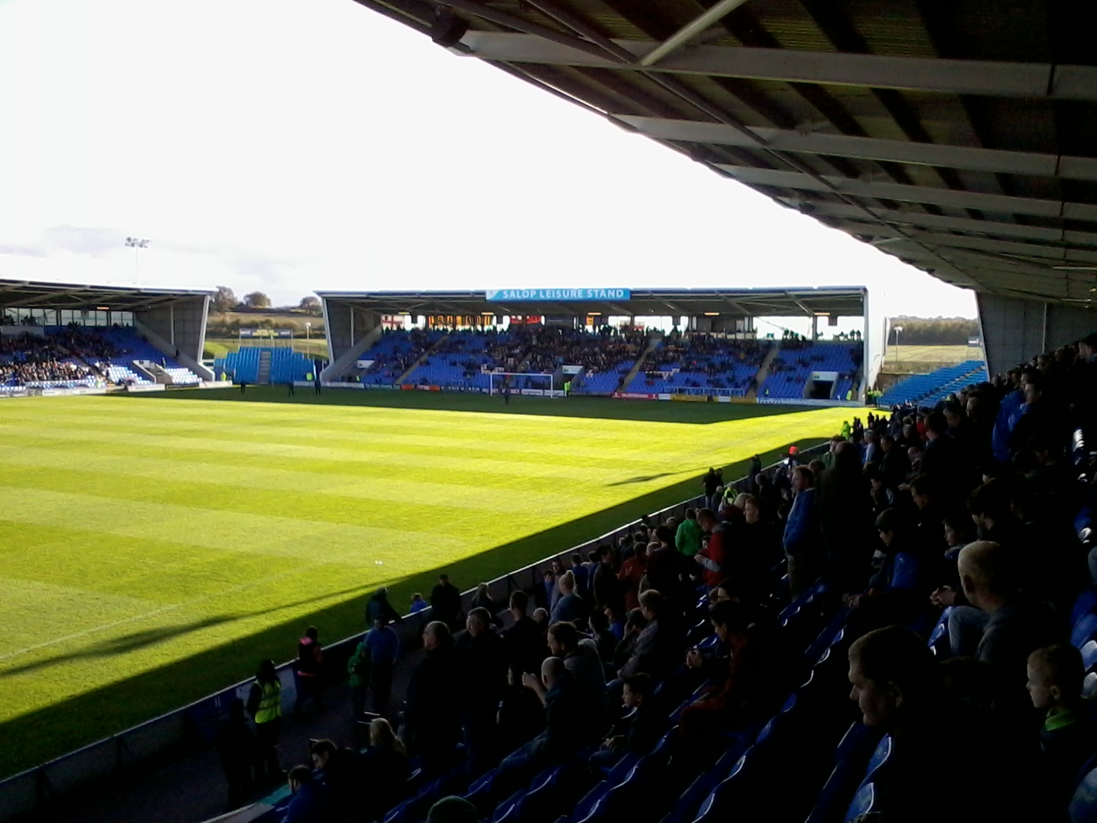 View of South end of New Meadow, Shrewsbury. Showing temporary South East (left) and South West (right) stands.