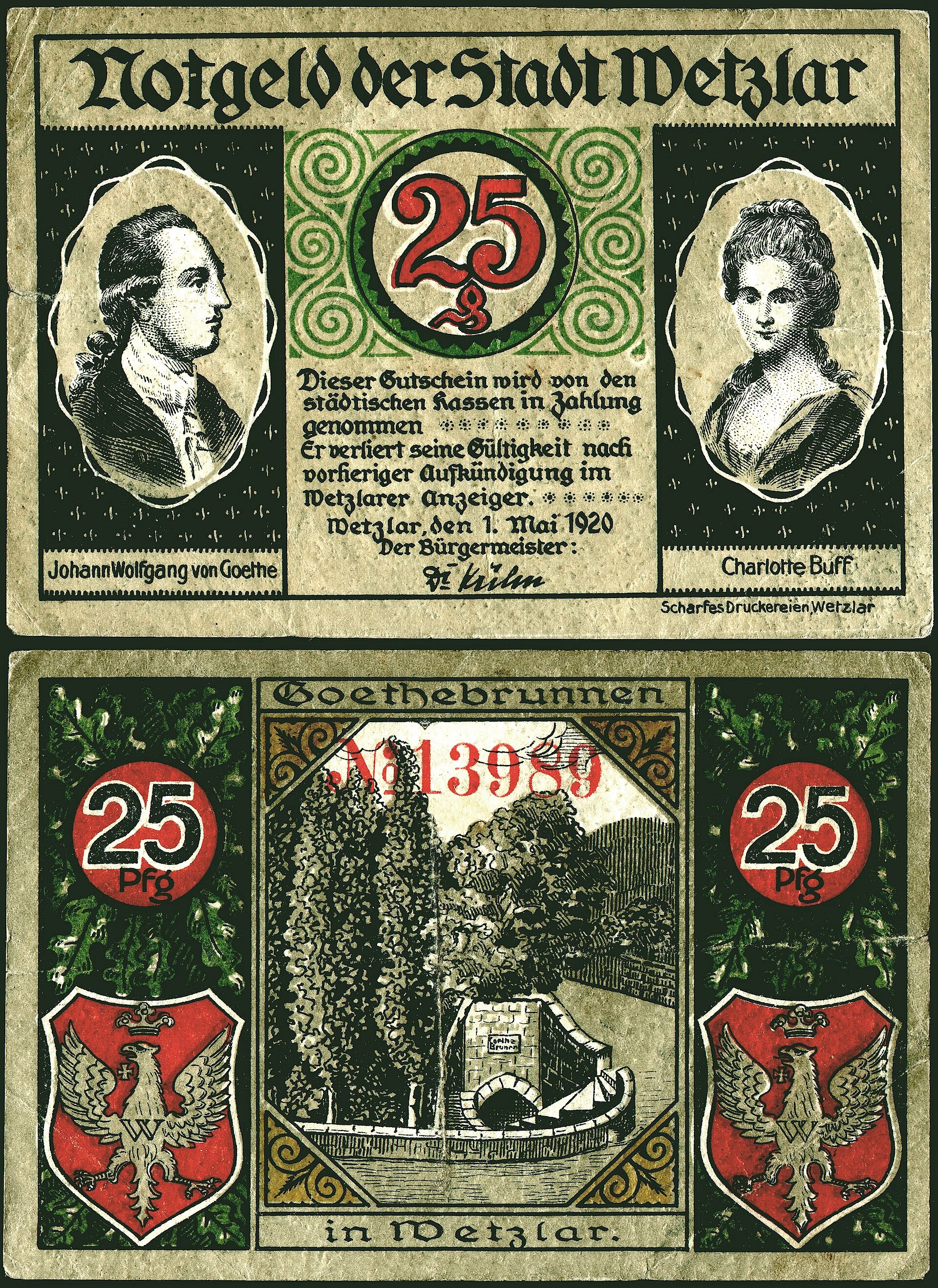 25 Pfennig- Notgeld banknote issued by the city of Wetzlar , dated May 1, 1920. Size: 97 mm x 68 mm.