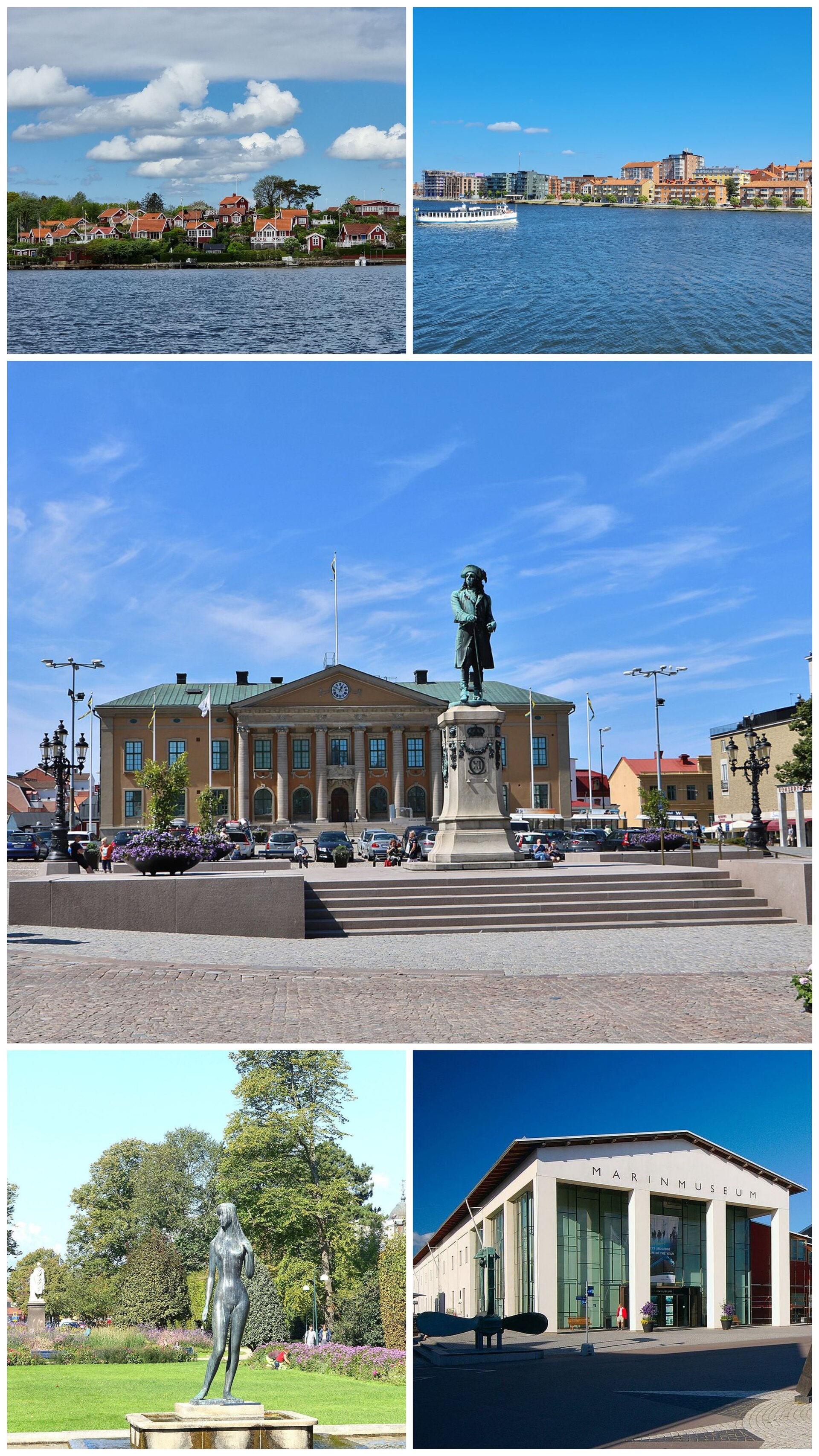 Ett kollage med bilder på Brändaholm, Borgmästarefjärden, Stortorget, Hoglands Park samt Marinmuseum i Karlskrona.