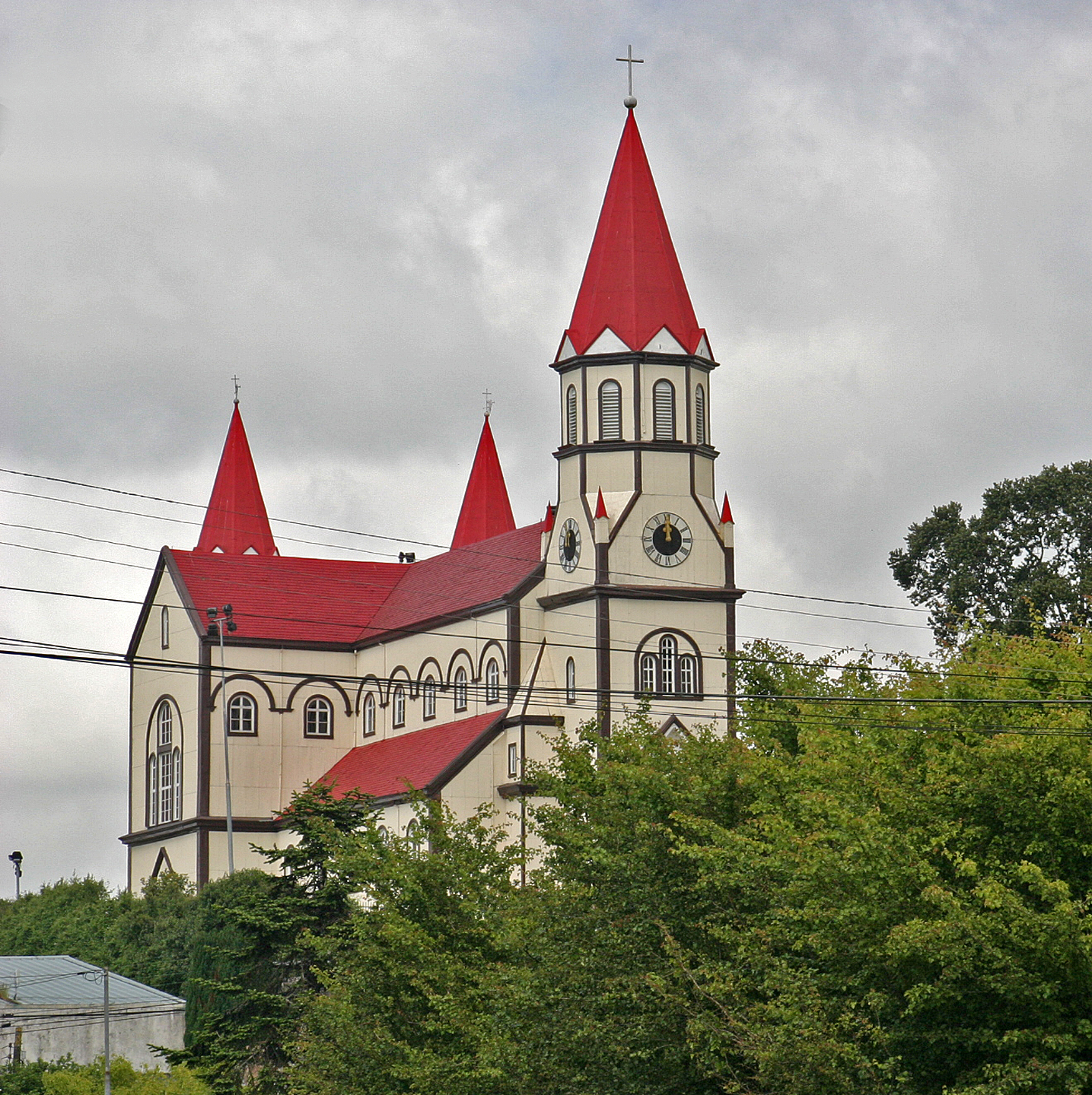 Church of Puerto Varas (Iglesia del Corazón de Jesús), a town on Lake Llanquihue in southern Chile in the Región de los Lagos.
