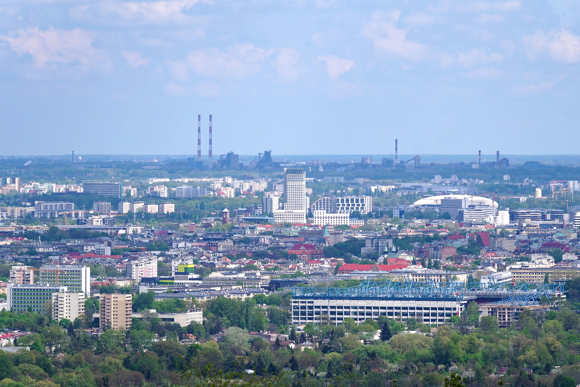 View from Piłsudski Mound in Kraków towards Wisła Stadium, Unity Tower and Tadeusz Sendzimir Steelworks