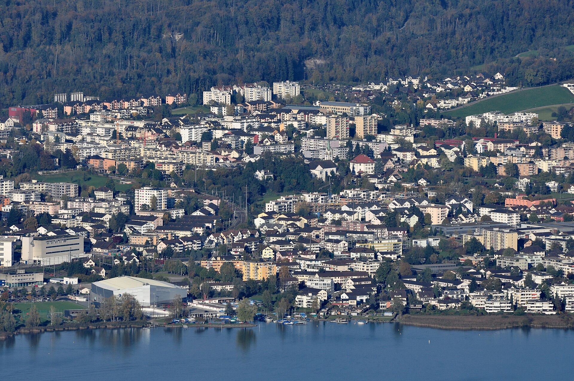 Jona on Obersee lakeshore, as seen from Etzel mountain (Switzerland), Rapperswil to the left.