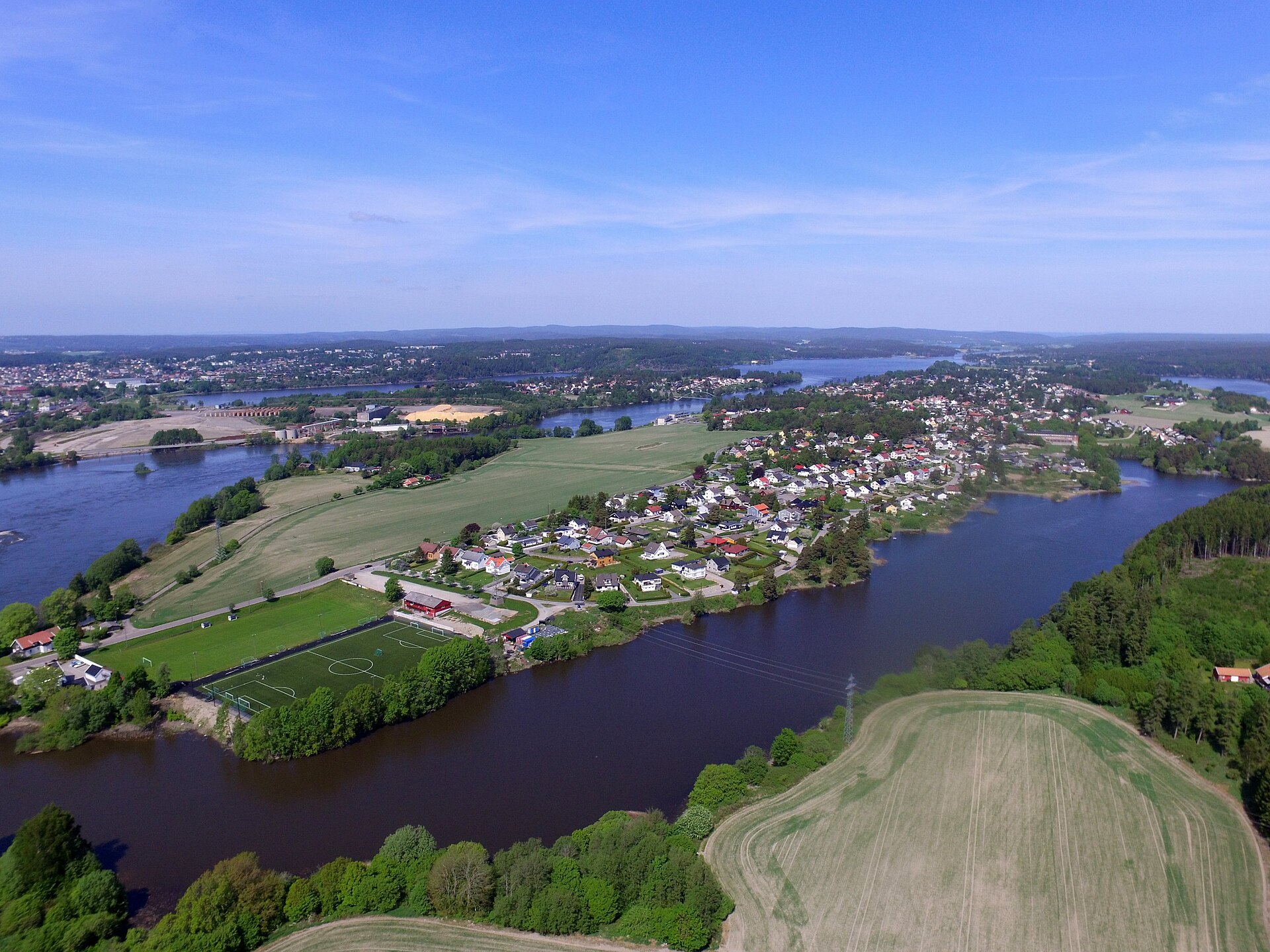 Hafslundsøy, Sarpsborg from the south. Main arm of the river Glomma runs on the left in the picture.