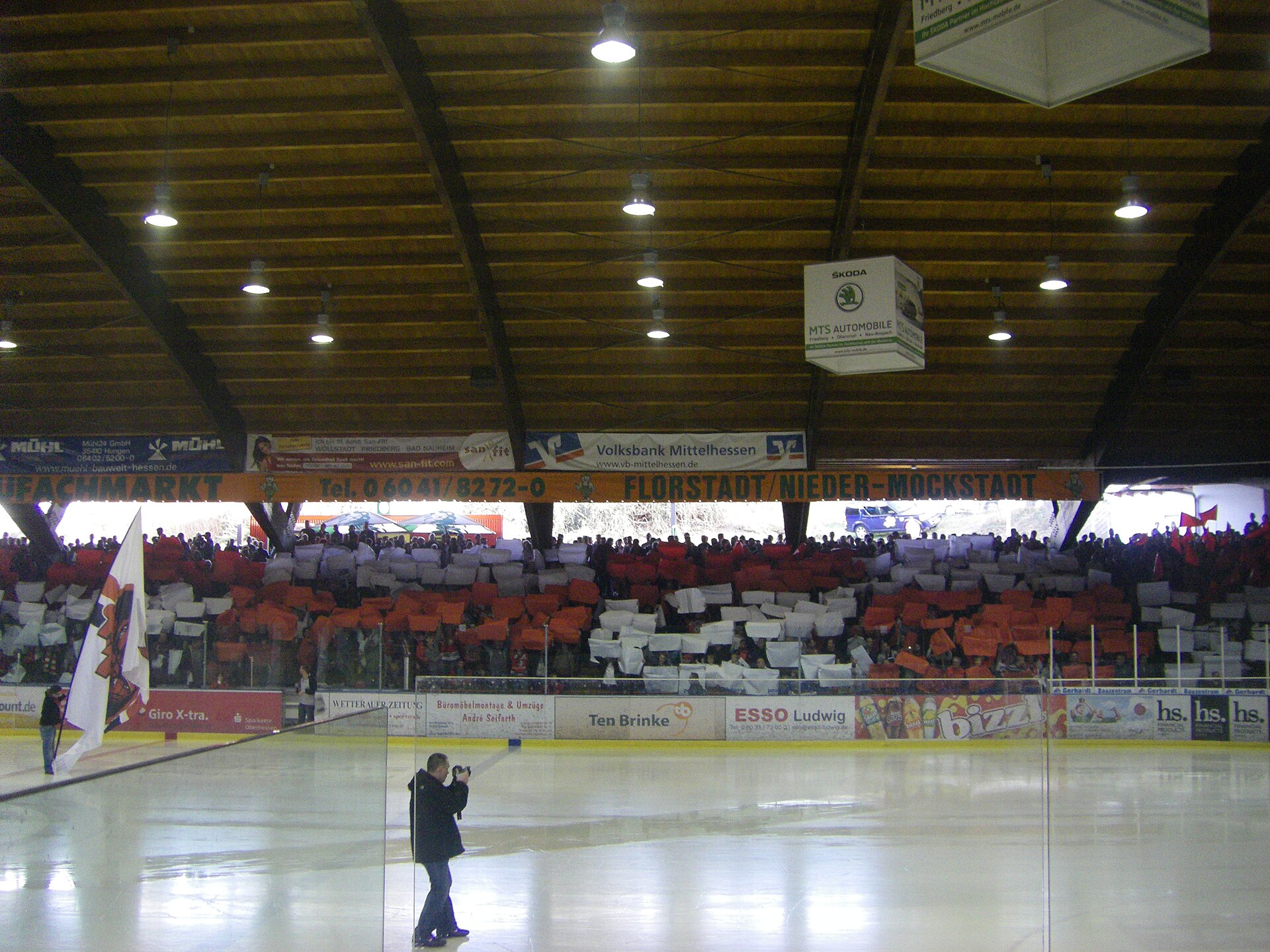 Choereo of tribune in Colonel Knight Stadium, Bad Nauheim, before the start of the final match between EC Bad Nauheim and Kassel Huskies