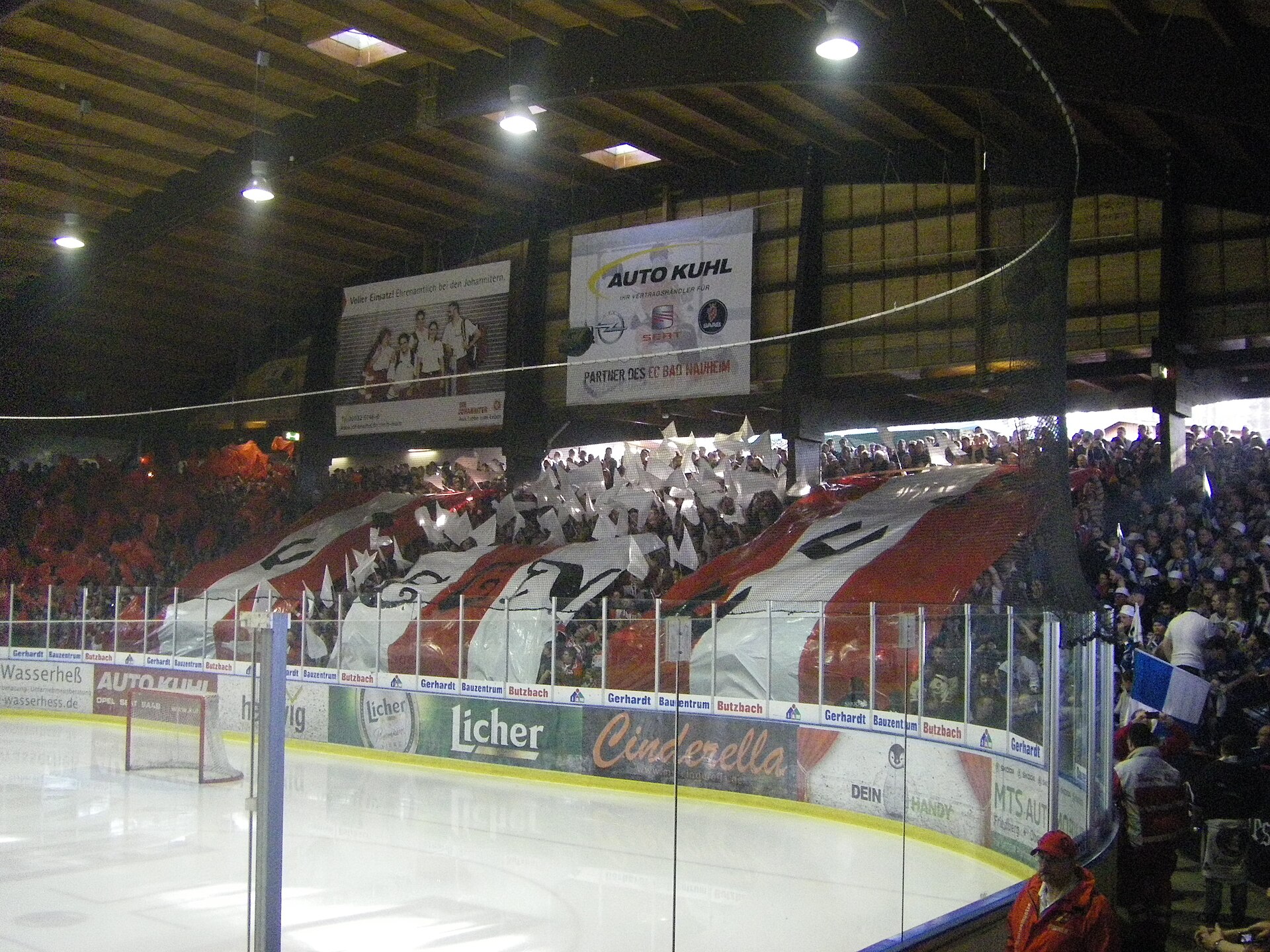 Choereo of fan section in Colonel Knight Stadium, Bad Nauheim, before the start of the final match between EC Bad Nauheim and Kassel Huskies