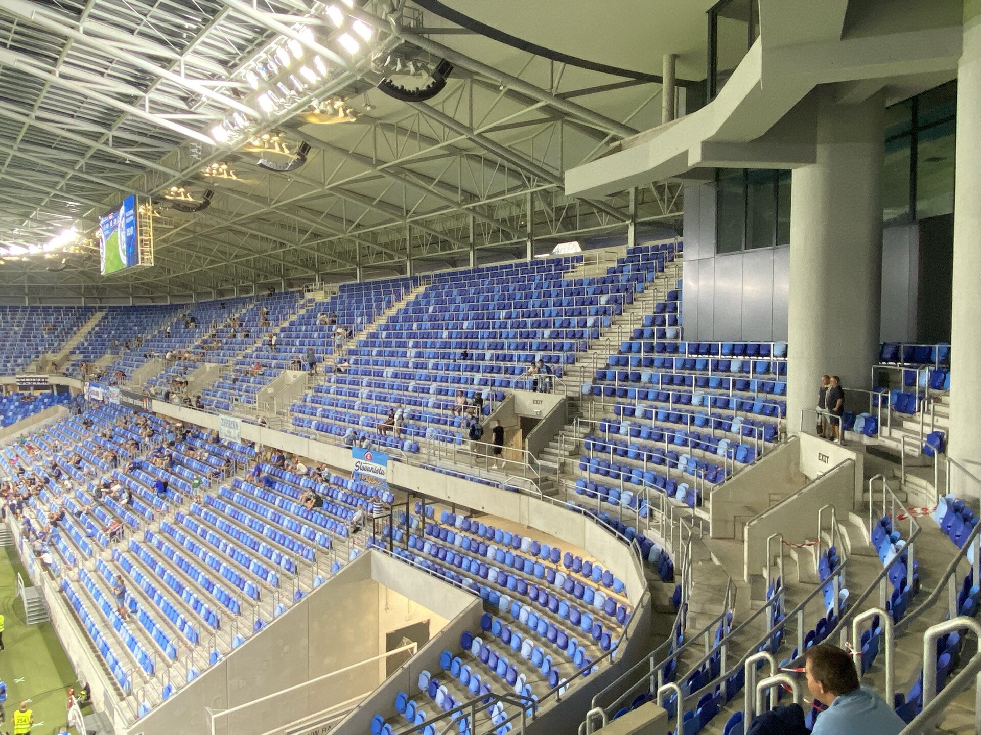 A stand at the Tehelné Pole stadium before a match against Lincoln Red Imps