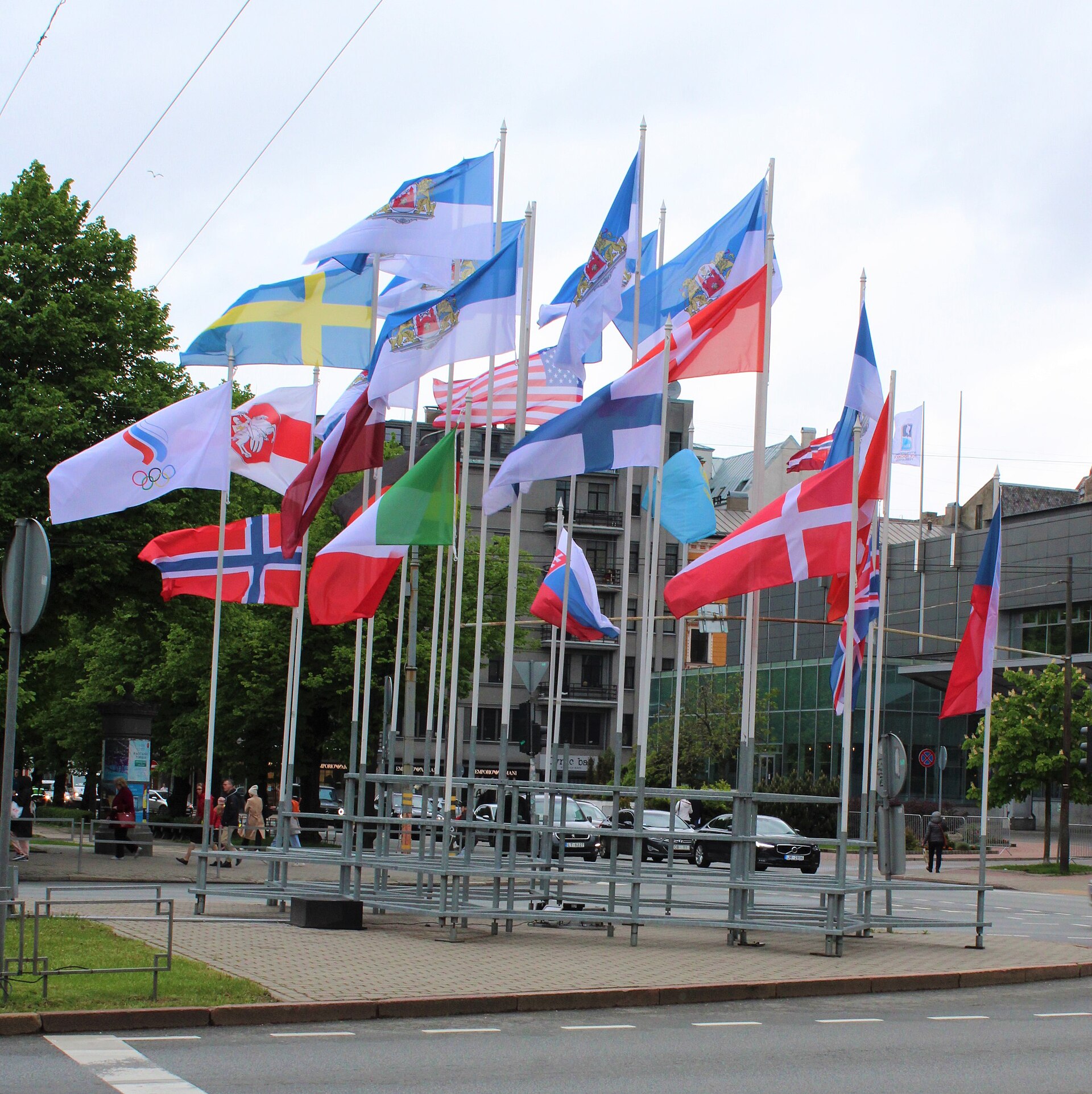 Controversial flagpoles of the teams at the 2021 IIHF World Championship next to Radisson Blu Hotel Latvija in Riga, Latvia