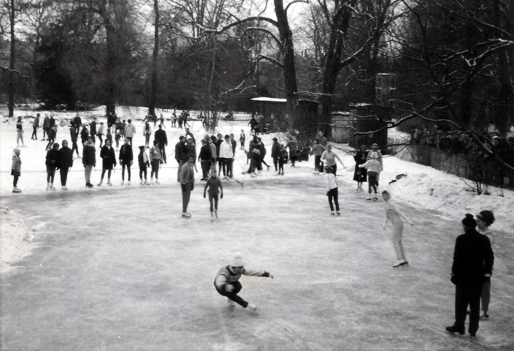 Figure skating training on a frozen channel in Frederiksberg Castle's Garden in Copenhagen, ca. 1958.