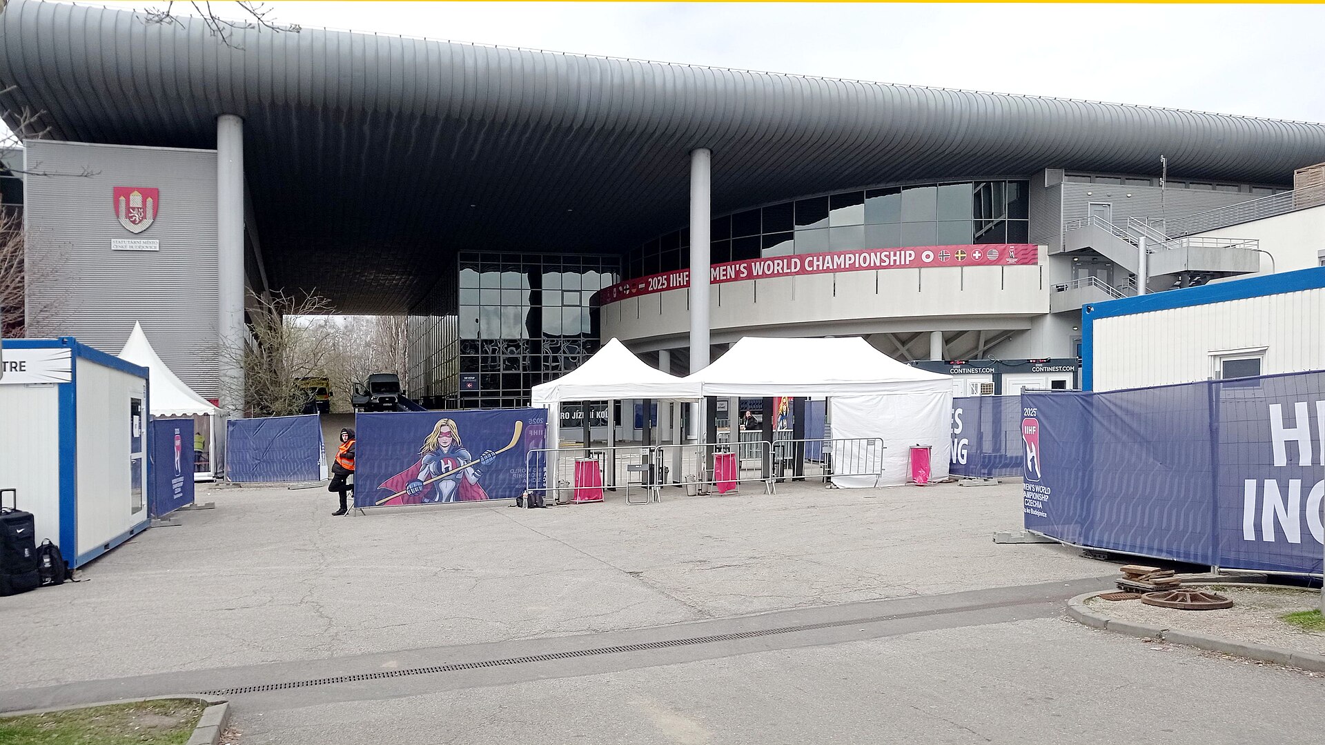 The entrance of the Budvar Arena in České Budějovice, Czechia, one day before the start of the 2025 IIHF Women's World Championship.