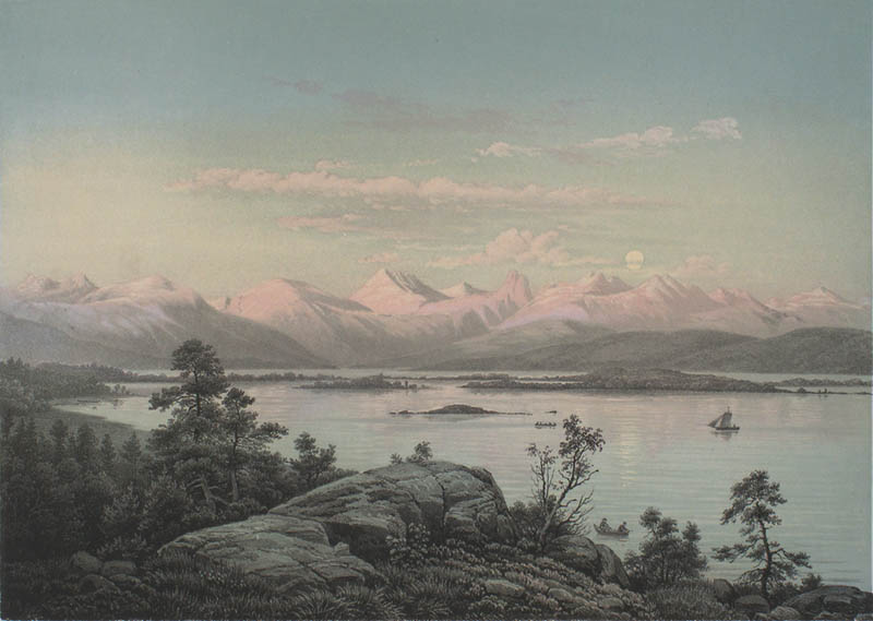 Picture from the work "Norge fremstillet i Tegninger" from 1848 by Christian Tønsberg. The picture depicts Moldefjorden, Norway.