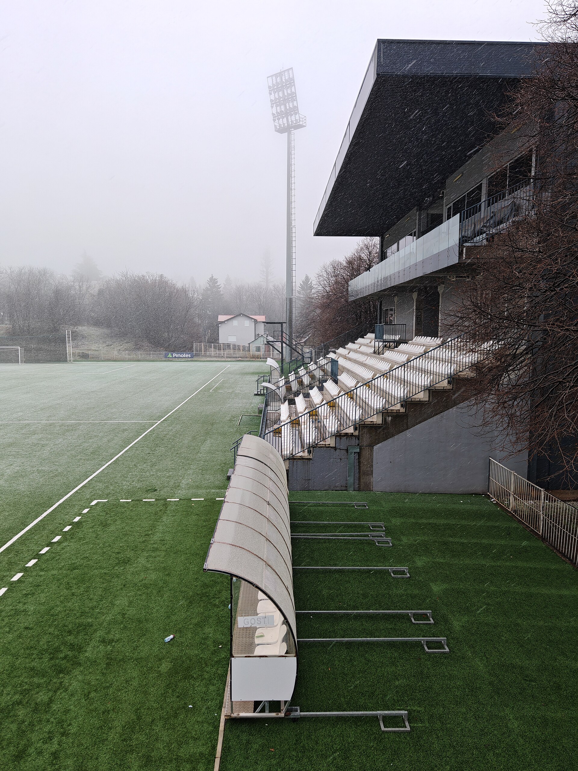 Close view of west stand of Čukarički Stadium during winter, February 2026