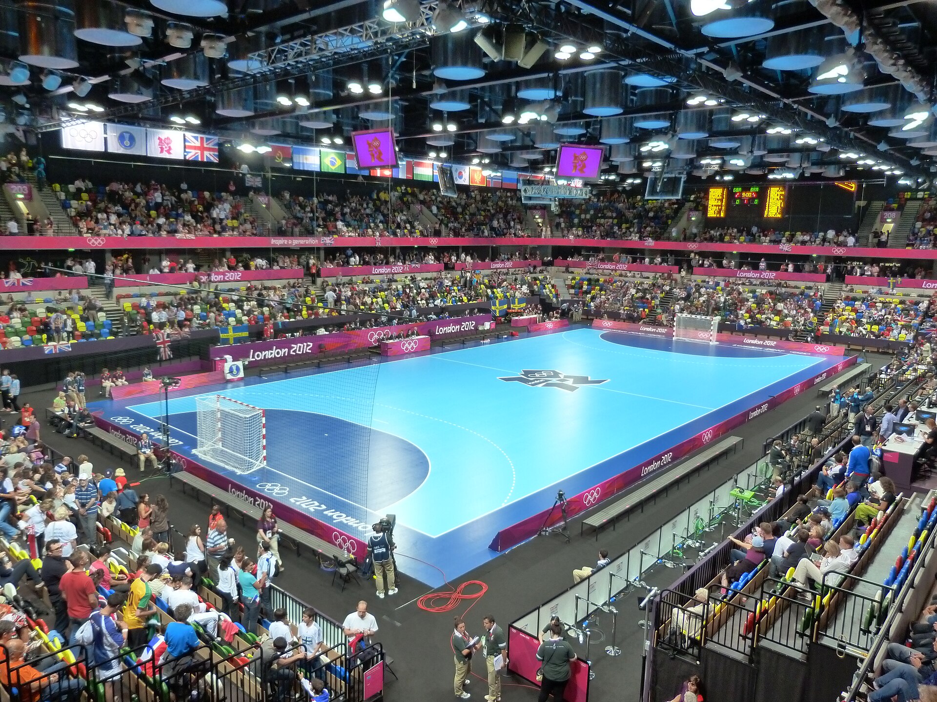 The Copper Box before a game between the Great Britain and Brazil national handball teams.