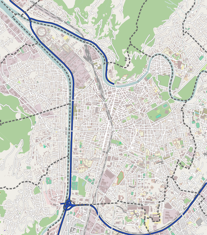 Carte de Grenoble, réalisée à partir des données de OpenStreetMap. Couleurs retouchées pour un usage sur wikipedia et suppression du code couleur relatif aux grands axes routiers. Modifications faites par moi-même Pedro38 sous Inkscape