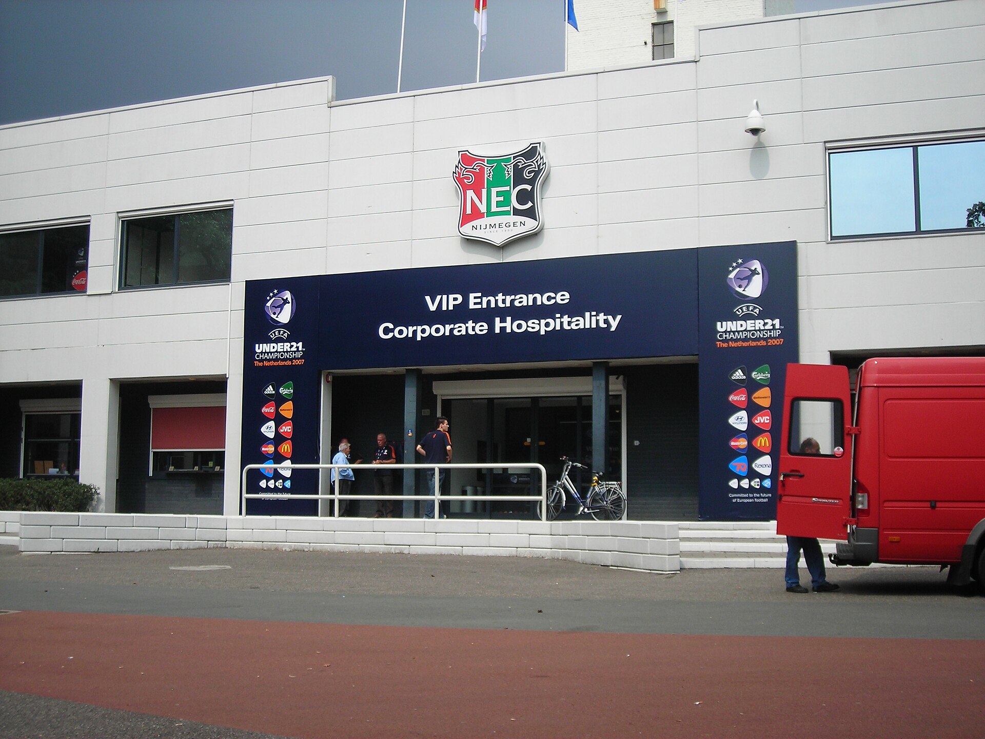 The main entrance of the Goffert stadium, Nijmegen, showing the NEC logo plus the UEFA "Under 21" VIP entrance