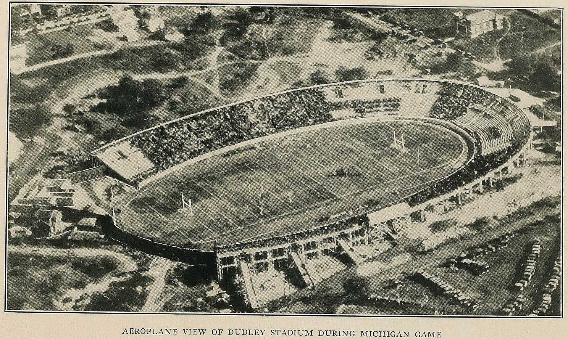 Dudley Field as seen from the sky on October 14, 1922, during its first game between the Vanderbilt Commodores and Michigan Wolverines. The game would end as a scoreless tie.