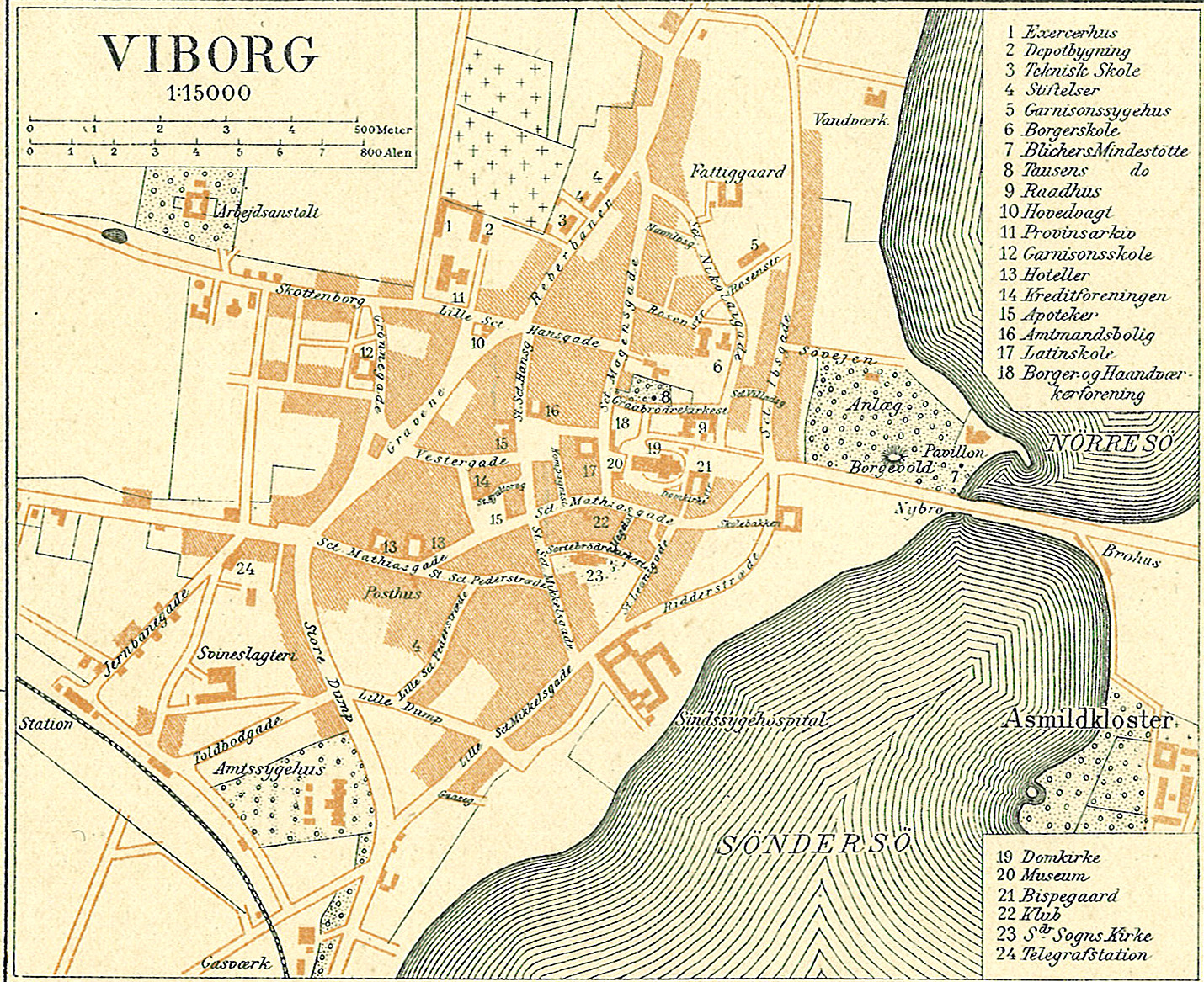 Map of Viborg in Viborg County in Denmark, round year 1900