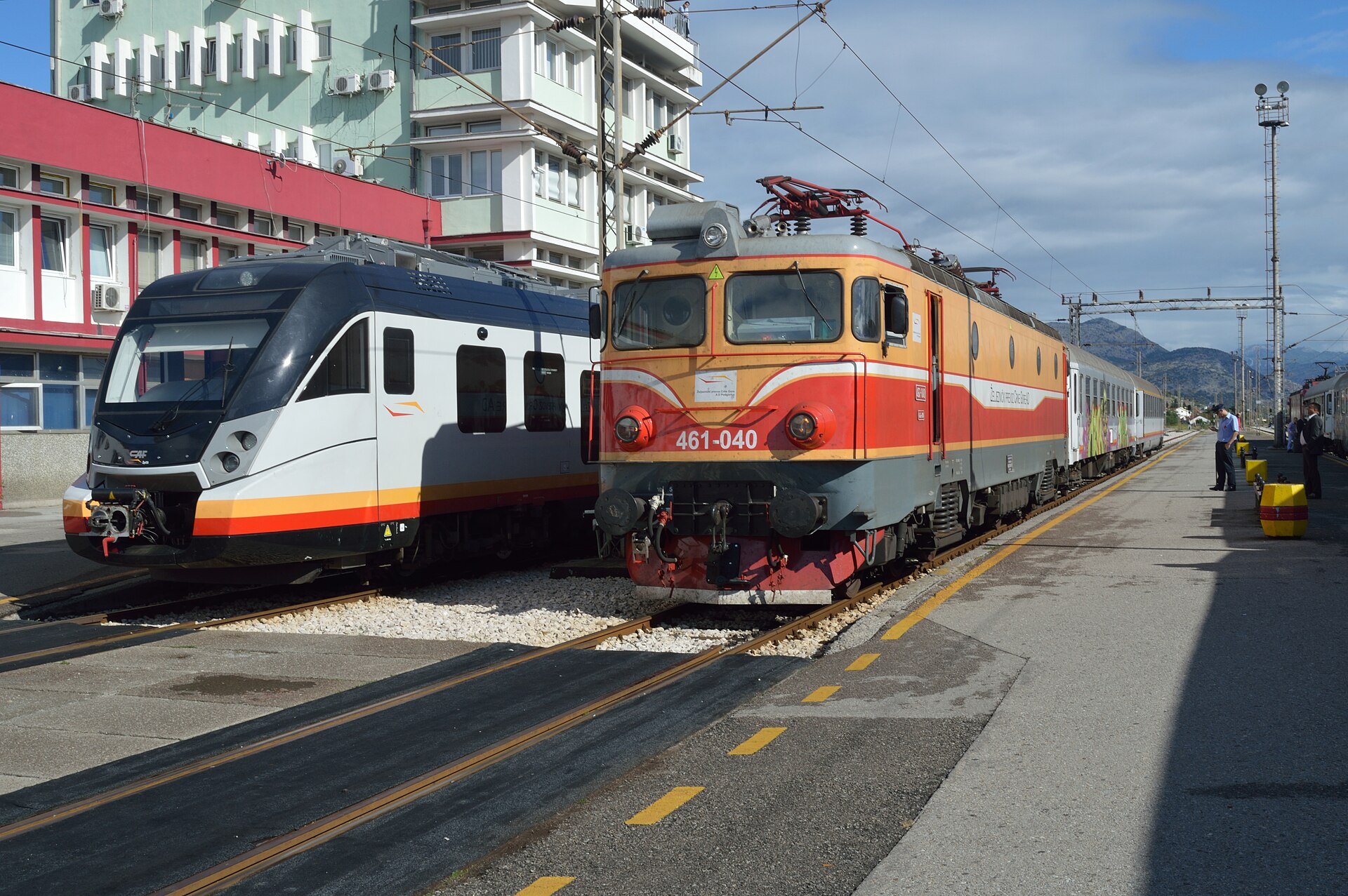 Balkans Rail Trip, Autumn 2013 - Day Nine New and old trains side by side at Podgorica. Seen at the Montenegrin capital station, Podgorica are examples of how the railway is set to change. On the left EMU 6111.101 is working train 7103, 08:40 Nikšić to Bar. To the right is part of the fleet of forme