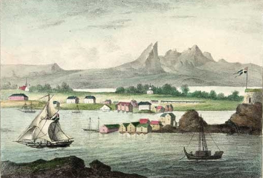 Bodø på 1800-tallet. Illustrasjon hentet fra boken "Norsk Prospect-Samling" av Wergmann, P.F. og utgitt av P.F. Wergmann (no, 1833-1836).