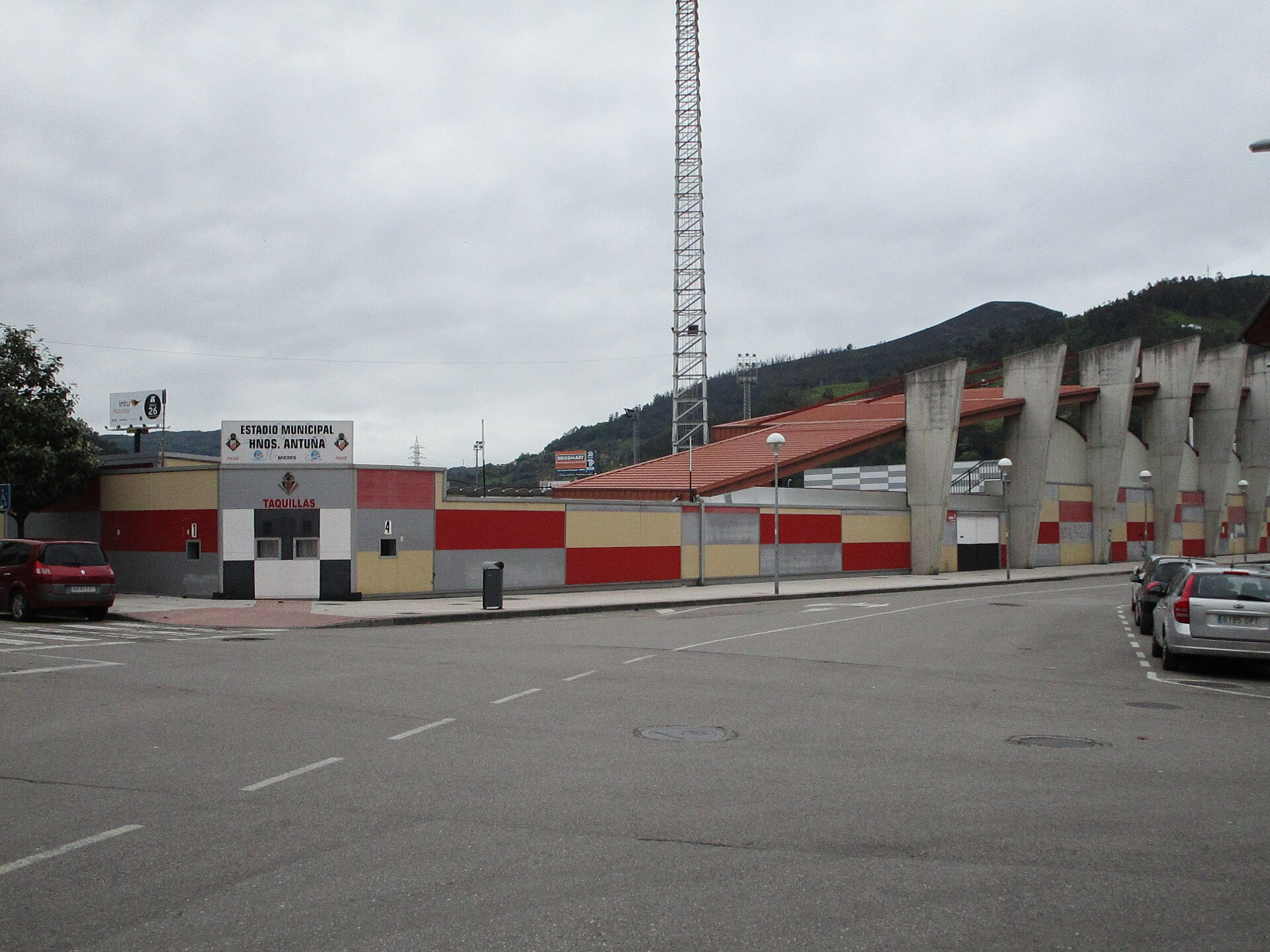Façade of Estadio Hermanos Antuña, football stadium based in Mieres, Asturias, Spain.