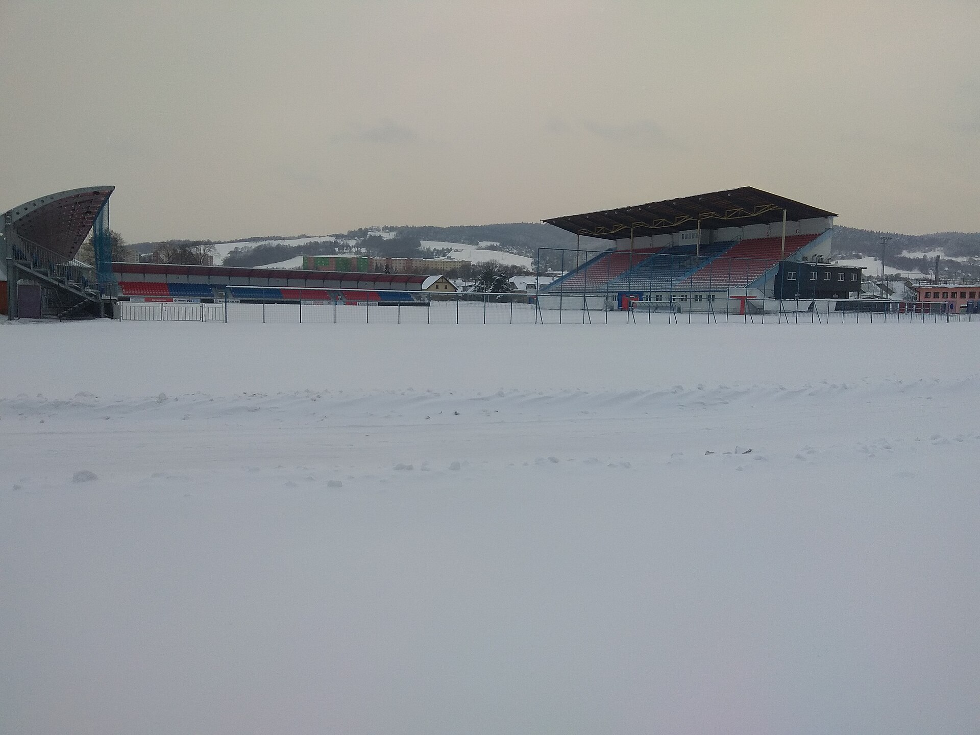 Football stadium in Bardejov, Slovakia. Captured in winter 2021. Stadium after reconstruction.