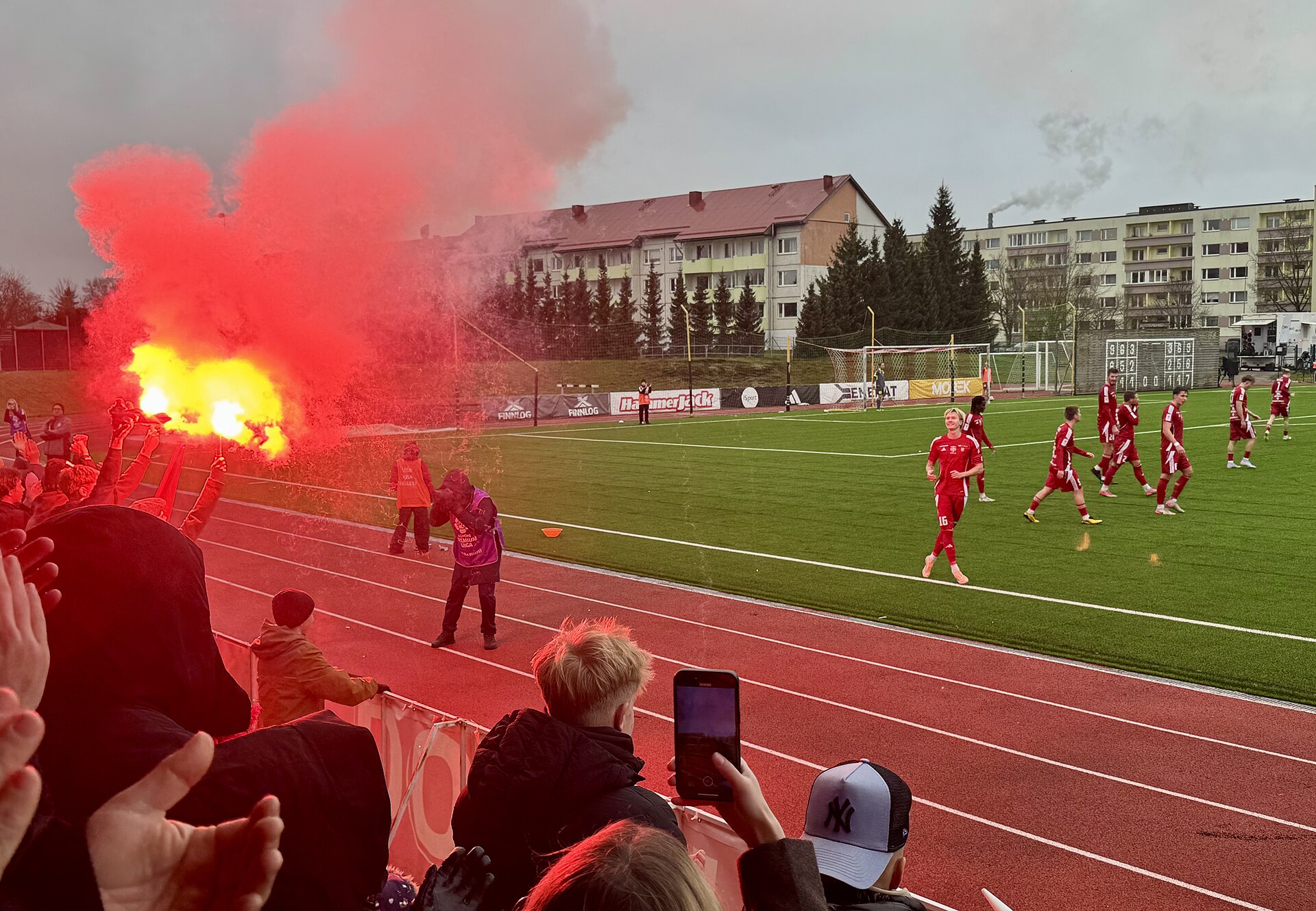 Harju JK celebrating their goal against Levadia on the final matchday of the 2025 Premium Liiga season.