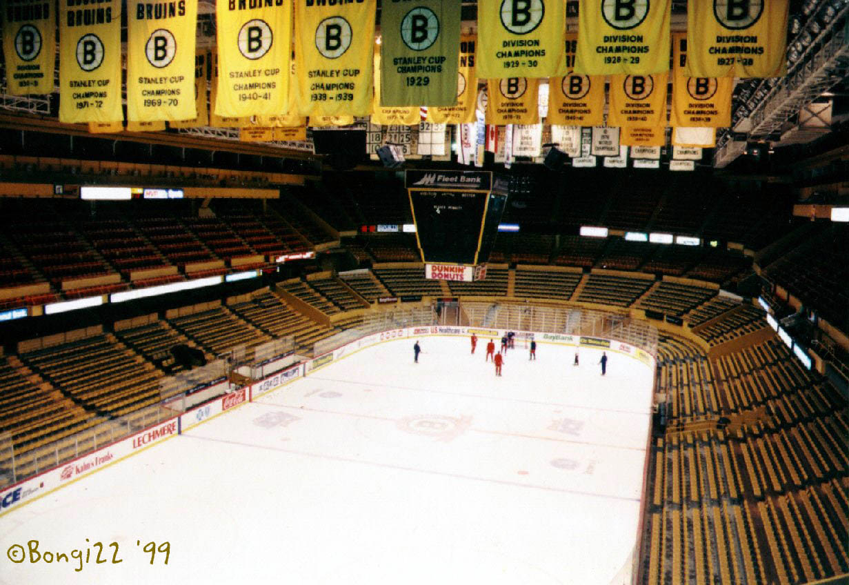 Boston Garden set up for NHL hockey during a New York Rangers practice around 1995. Home of the Boston Bruins and Celtics. Also shown are Stanley Cup Banners.