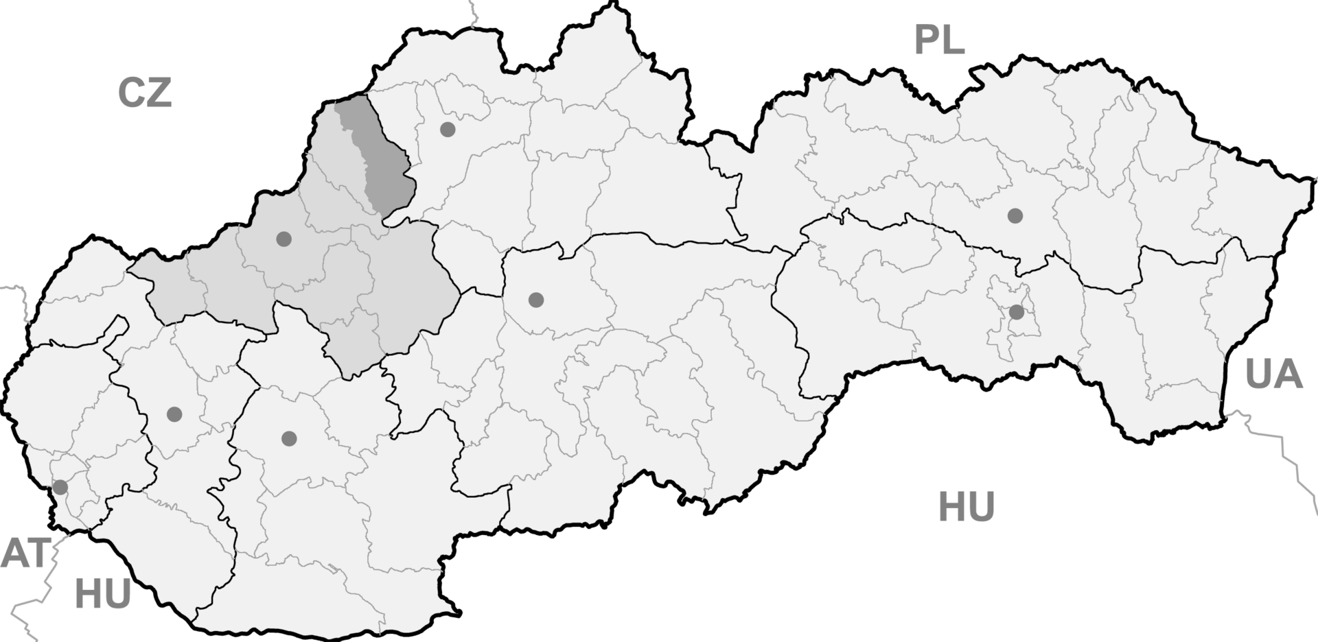 Map of Slovakia, Povazská Bystrica district and Trencin region highlighted