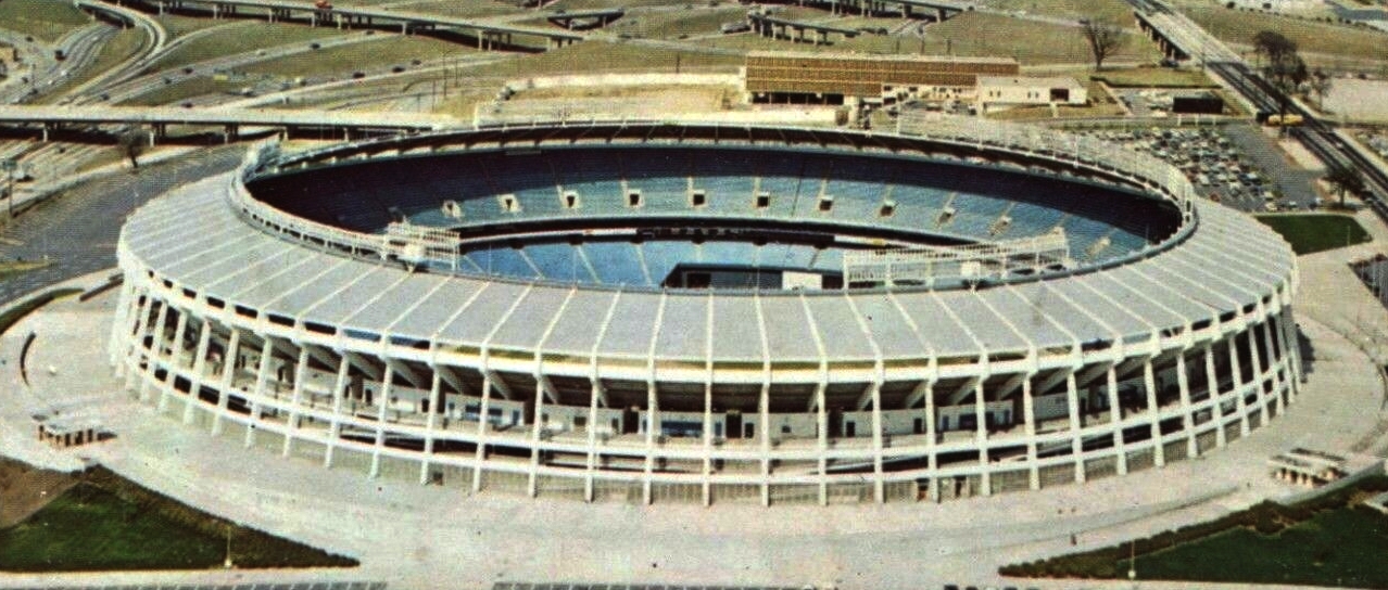 An aerial view of Atlanta–Fulton County Stadium , pictured from circa late 1960's/early 1970's.