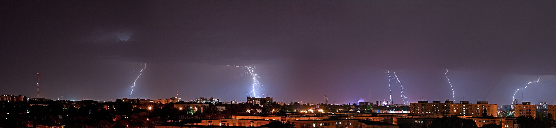 Panorama photography taken during a lightning storm over Bucharest, Romania