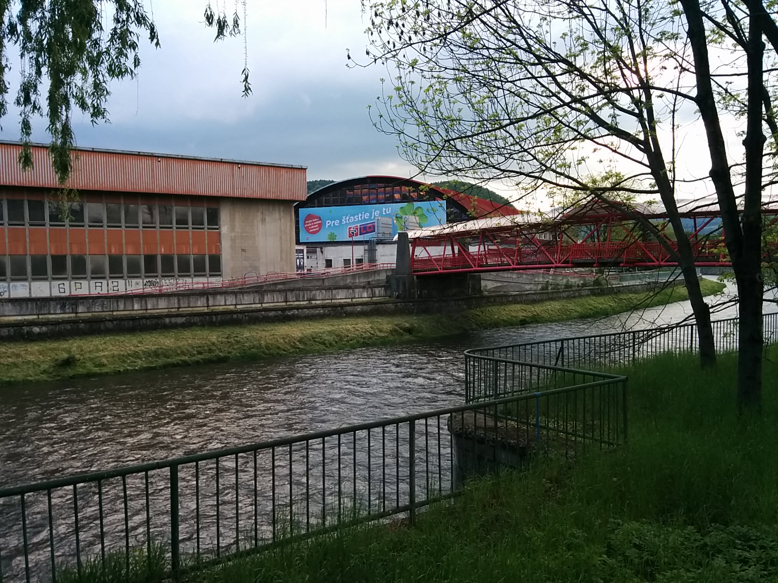 Hockey arenas in Banská Bystrica, Slovakia by the river Hron in May 2019.