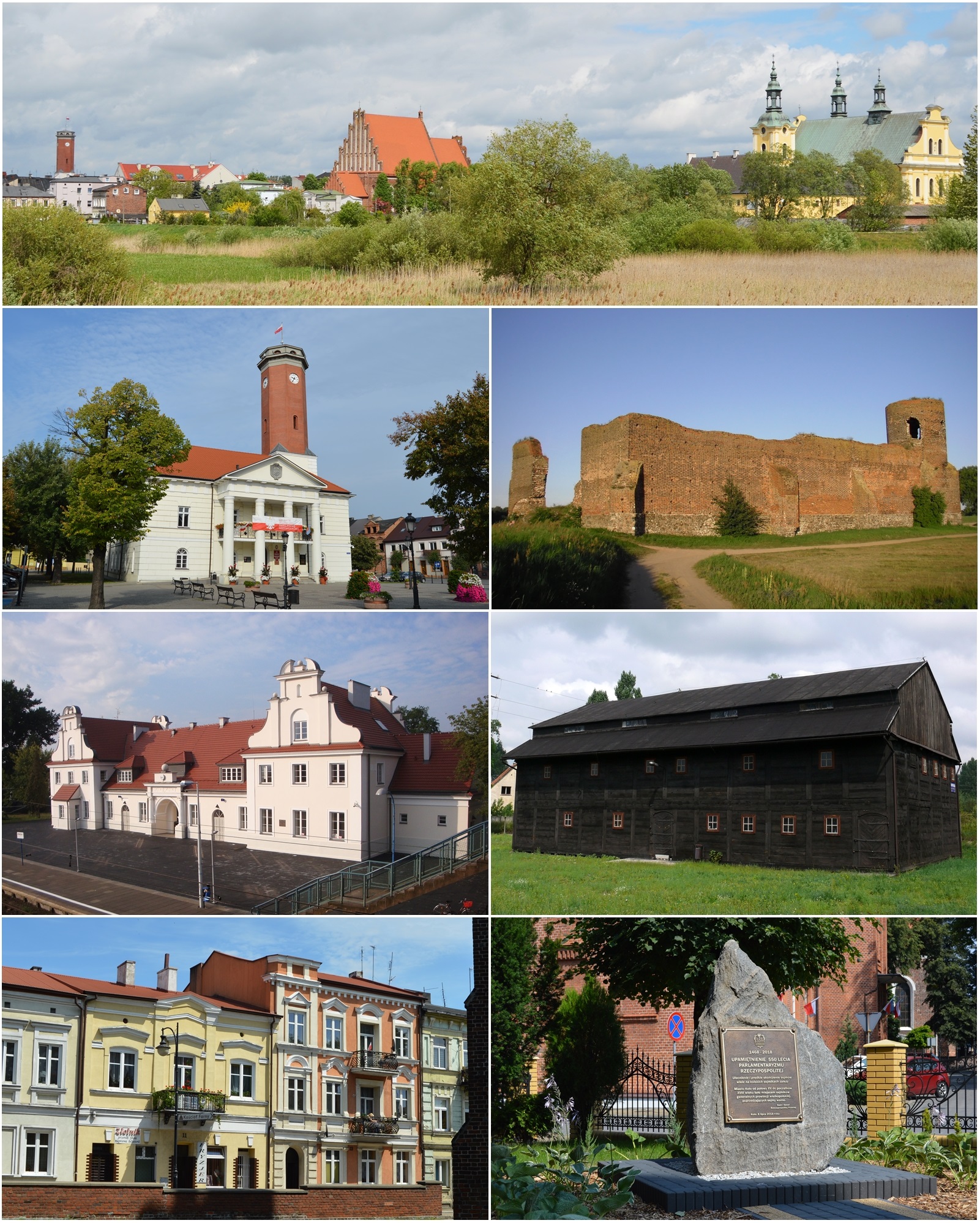 Kolaż fotografii miasta Koła. Kolejno od góry: 1) panorama starówki - wieża ratusza, kościół Podwyższenia Krzyża Świętego, kościół Nawiedzenia NMP i klasztor bernardynów; 2) ratusz miejski; 3) ruiny zamku; 4) dworzec kolejowy; 5) dawny spichlerz zbożowy; 6) kamienice z XIX wieku przy ul. Mickiewicza