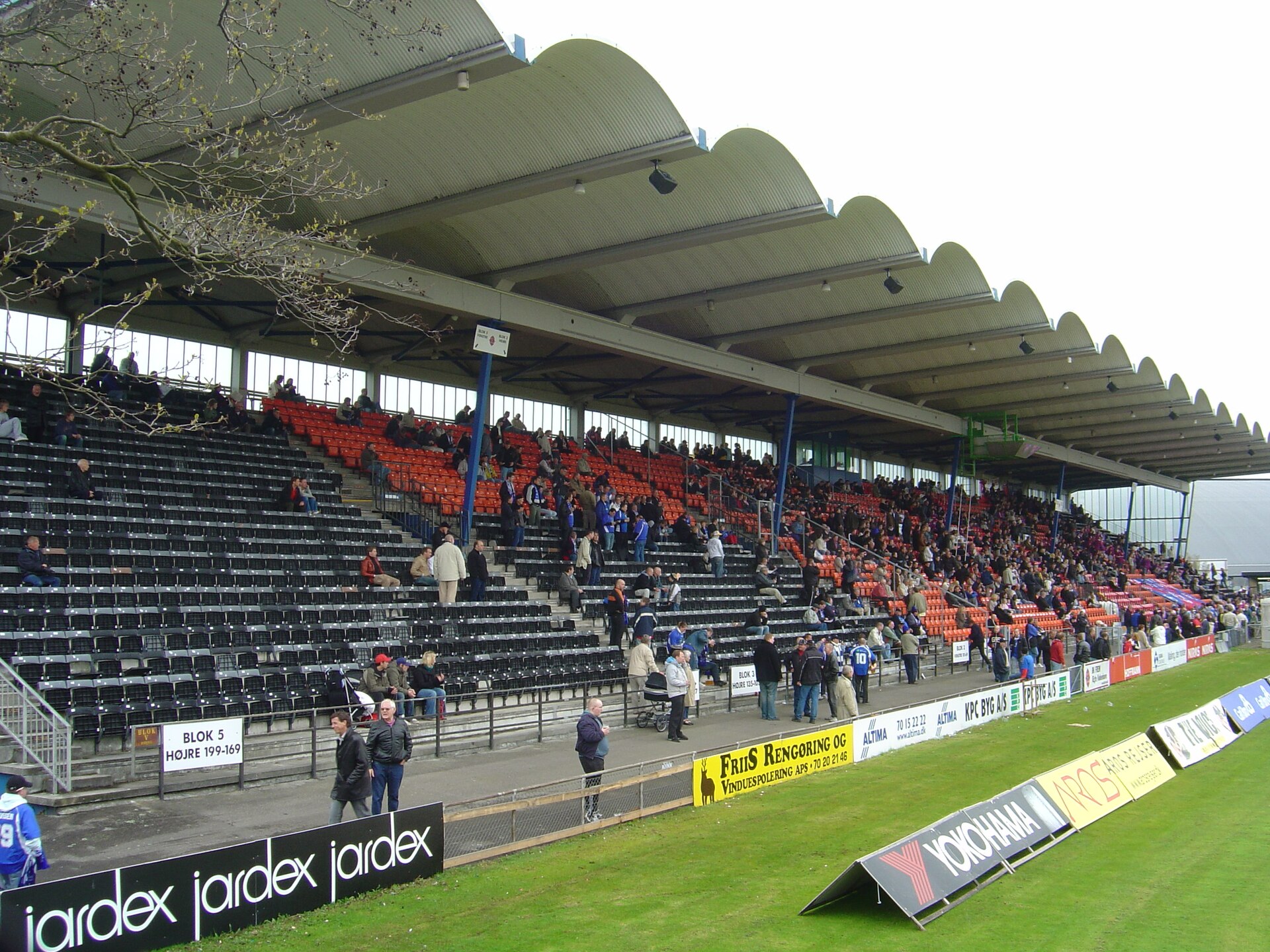 Valby Idrætspark - showing the one side of the stadium with the main stand, during a Danish 1st Division (level 2) match between Boldklubben Frem and Boldklubben Fremad Amager on 1 May 2005.