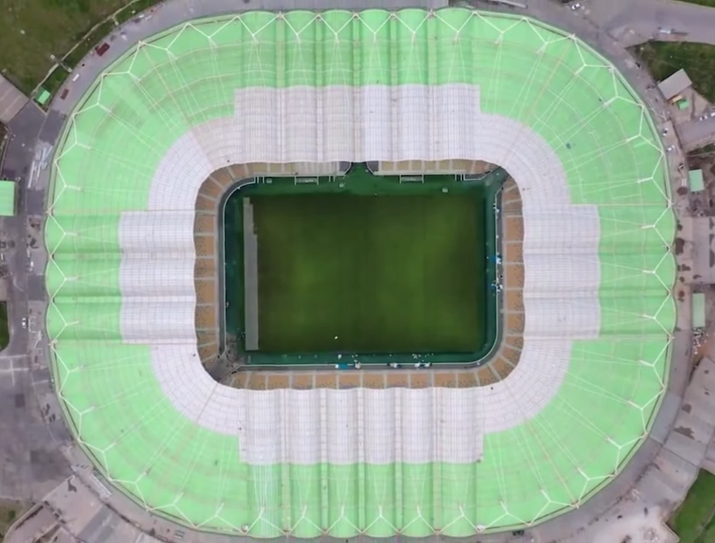 Vertical aerial view of the Hocine Aït Ahmed Stadium in Tizi Ouzou, Algeria.