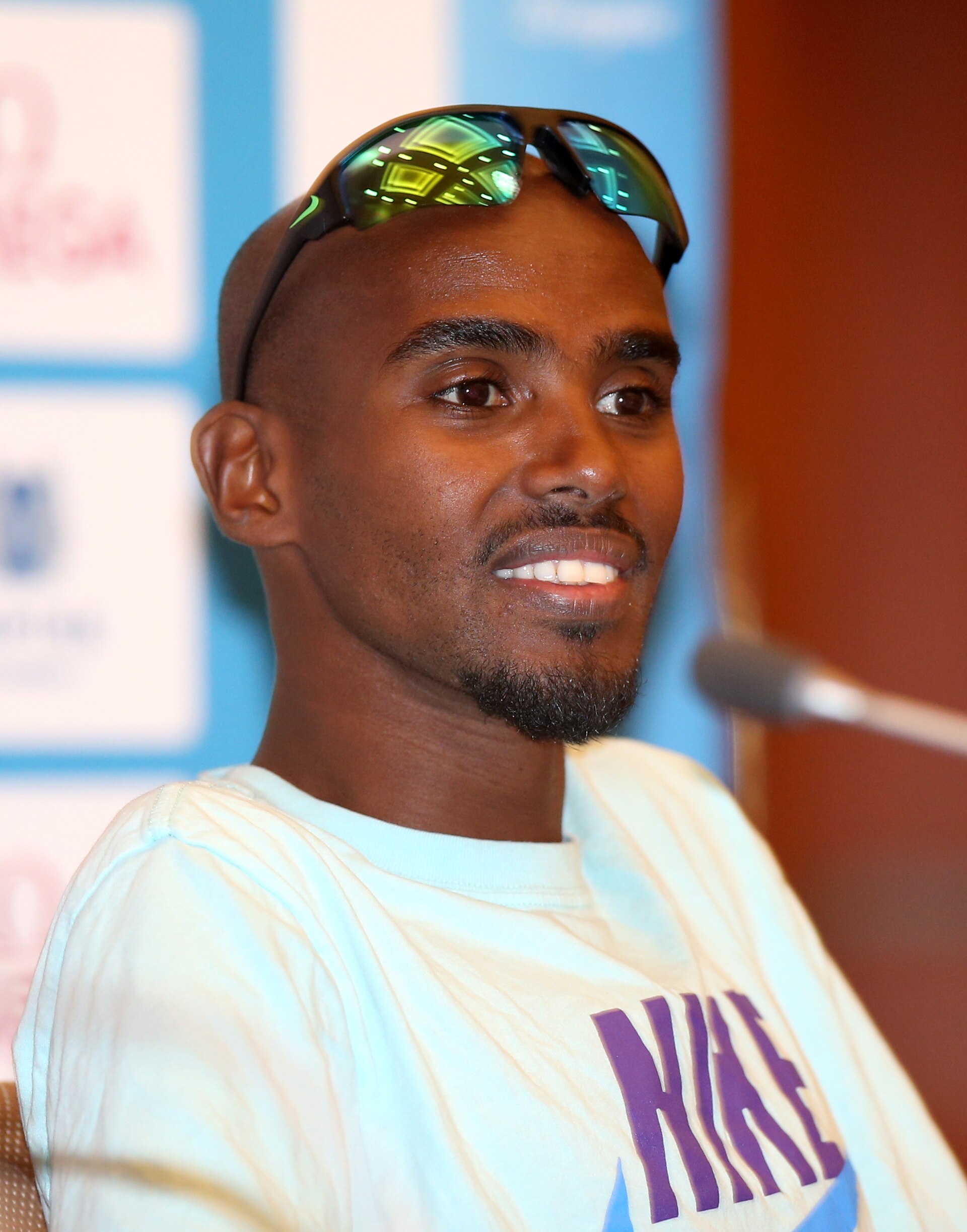 British long distance runner Mo Farh during an interactive session ahead of the 2015 Diamond League in Doha.