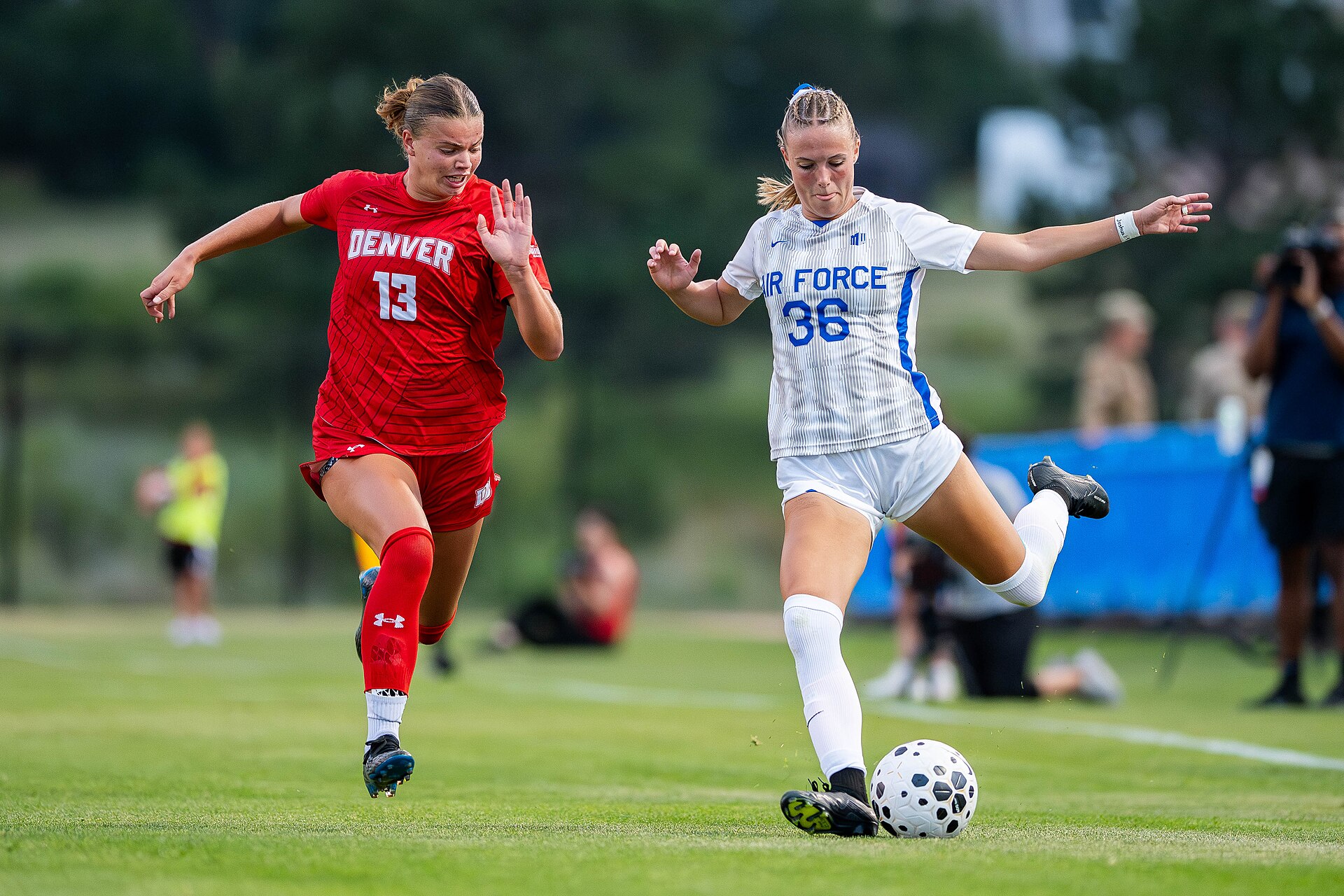 U.S. AIR FORCE ACADEMY, Colo. -- Air Force’s Kendall Rippley attempts to cross the ball during a home game against University of Denver at the Academy’s Cadet Soccer Stadium in Colorado Springs, Colo., August 14, 2025. Air Force eventually lost to Denver 1-2. (U.S. Air Force photo by Dylan Smith)