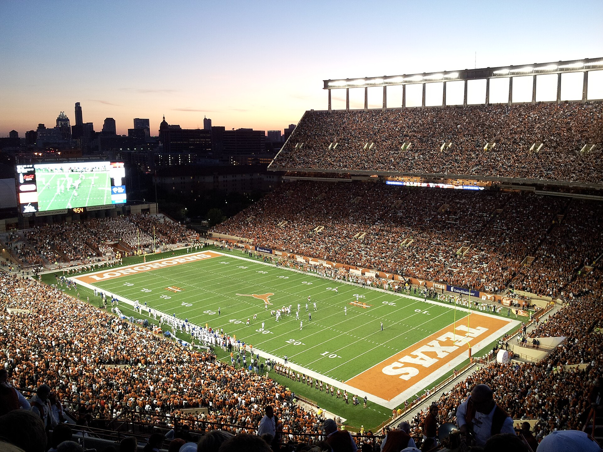 Image of DKR-TM Stadium taken on the night of October 29, 2011 when the Texas Longhorns played the Kansas Jayhawks.