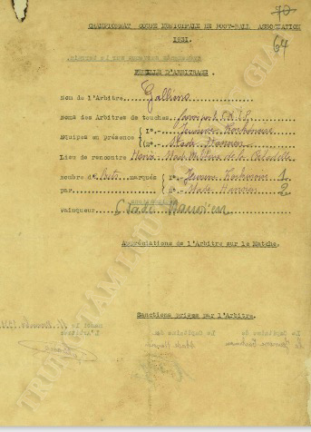 A document relating to a 1931 association football championship that was played in the Tonkinese capital city of Hanoi with participating teams from all over the French protectorate of Tonkin, French Indo-China. At 4:00 p.m. on November 11, 1931, two (2) association football teams from Hanoi Stadium