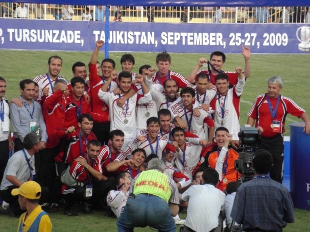 Regar TadAZ F.C. celebrates after winning the 2009 AFC President's Cup at their home field Metallurg Stadium in Tursunzoda, Tajikistan.