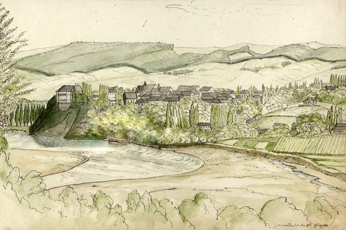 Zur Erinnerung an den Aufenthalt Seiner Kaiserlichen und Königlich Apostolischen Majestät Kaiser Franz Josef I. im Sanoker Schlosse am 31. October und 1. November 1851 - "Stadtansicht (von Norden) aus dem Jahre 1847