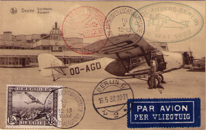 Postcard sent on the day of the first flight Antwerp-Berlin. The airplane is a Westland IV (Wessex) with Sabena registration OO-AGD (c/n WA1898). It had a capacity of 10 passengers.