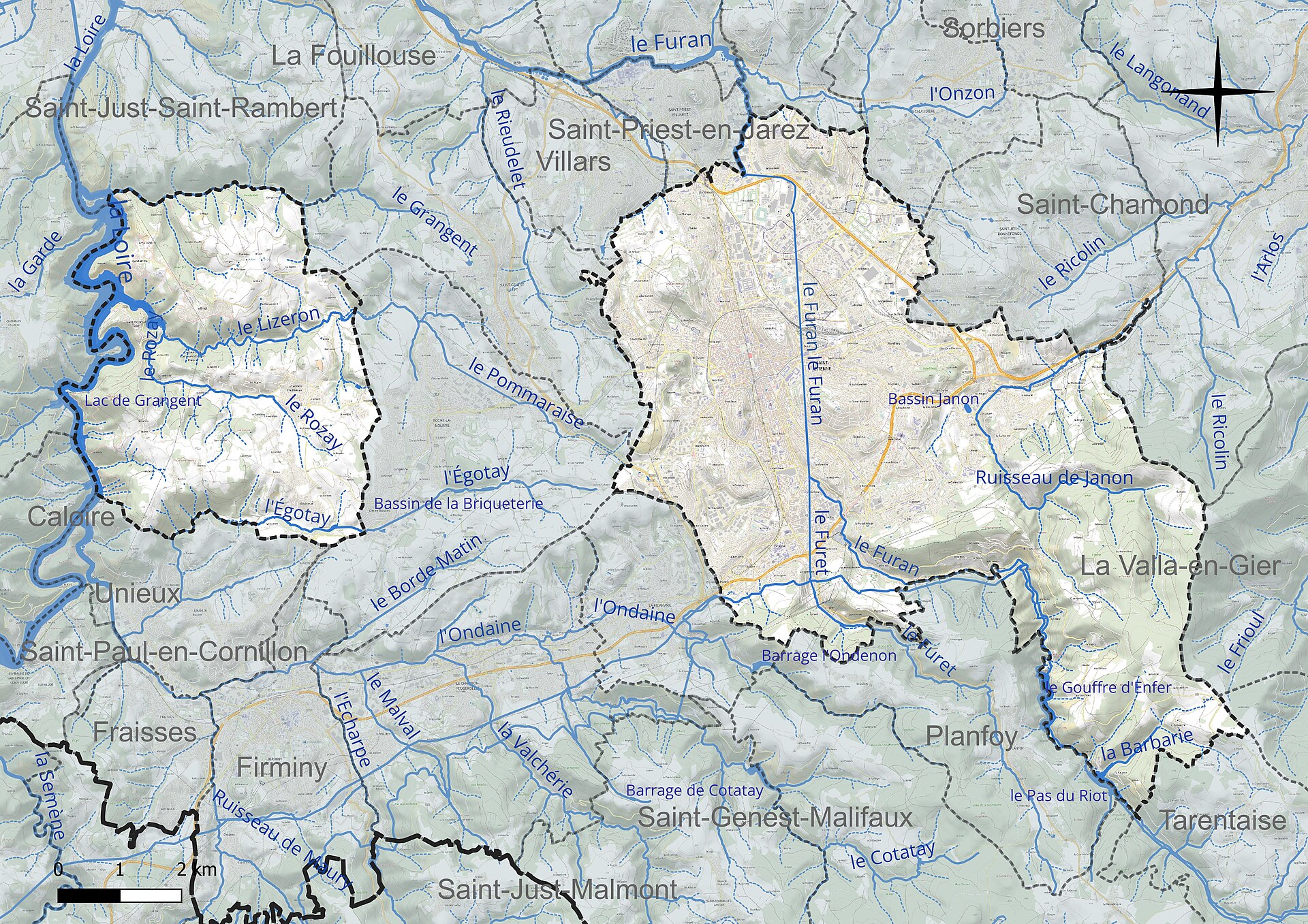 Carte du réseau hydrographique de la commune de fr:Saint-Étienne (France).