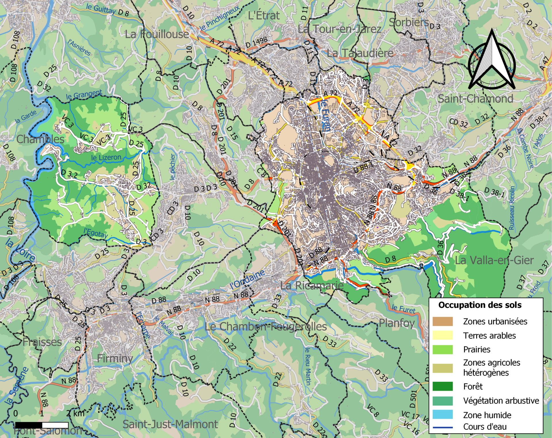 Carte des infrastructures et de l’occupation des sols en 2018 de la commune de fr:Saint-Étienne (France).