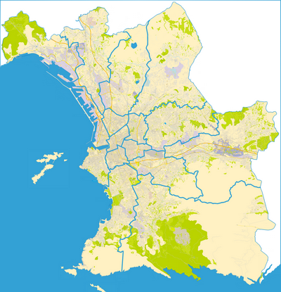 Carte de Marseille en couleur avec frontières d'arrondissements.
