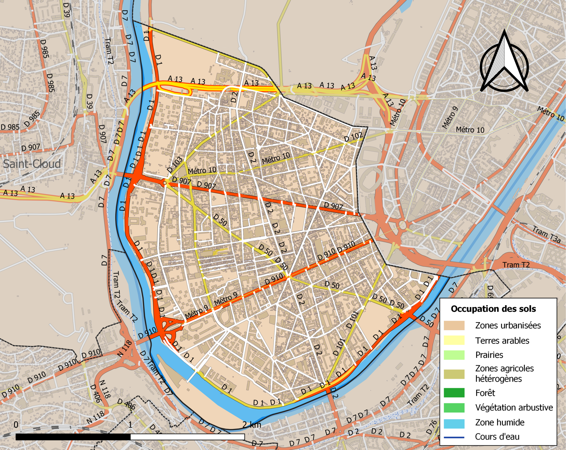 Carte des infrastructures et de l’occupation des sols en 2018 de la commune de fr:Boulogne-Billancourt (France).