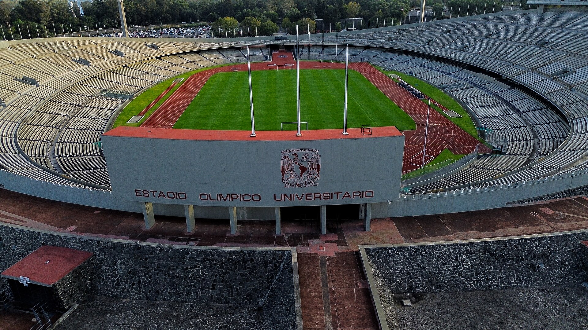 Aerial view taken with drone of the main access to the Olympic University Stadium, Ciudad Universitaria, Coyoacán, Mexico City, Mexico.