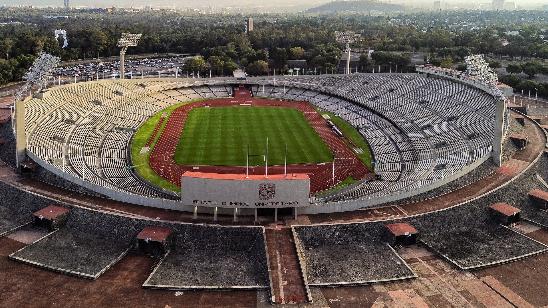 Aerial view taken with drone of the Estadio Olímpico Universitario, Ciudad Universitaria, Coyoacán, Mexico City, Mexico.