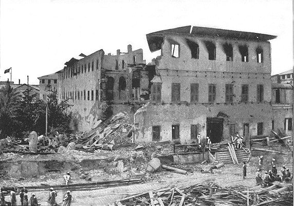 Destroyed Palace and other buildings after the attack in the Anglo-Zanzibar War . In Stone Town , Zanzibar City .