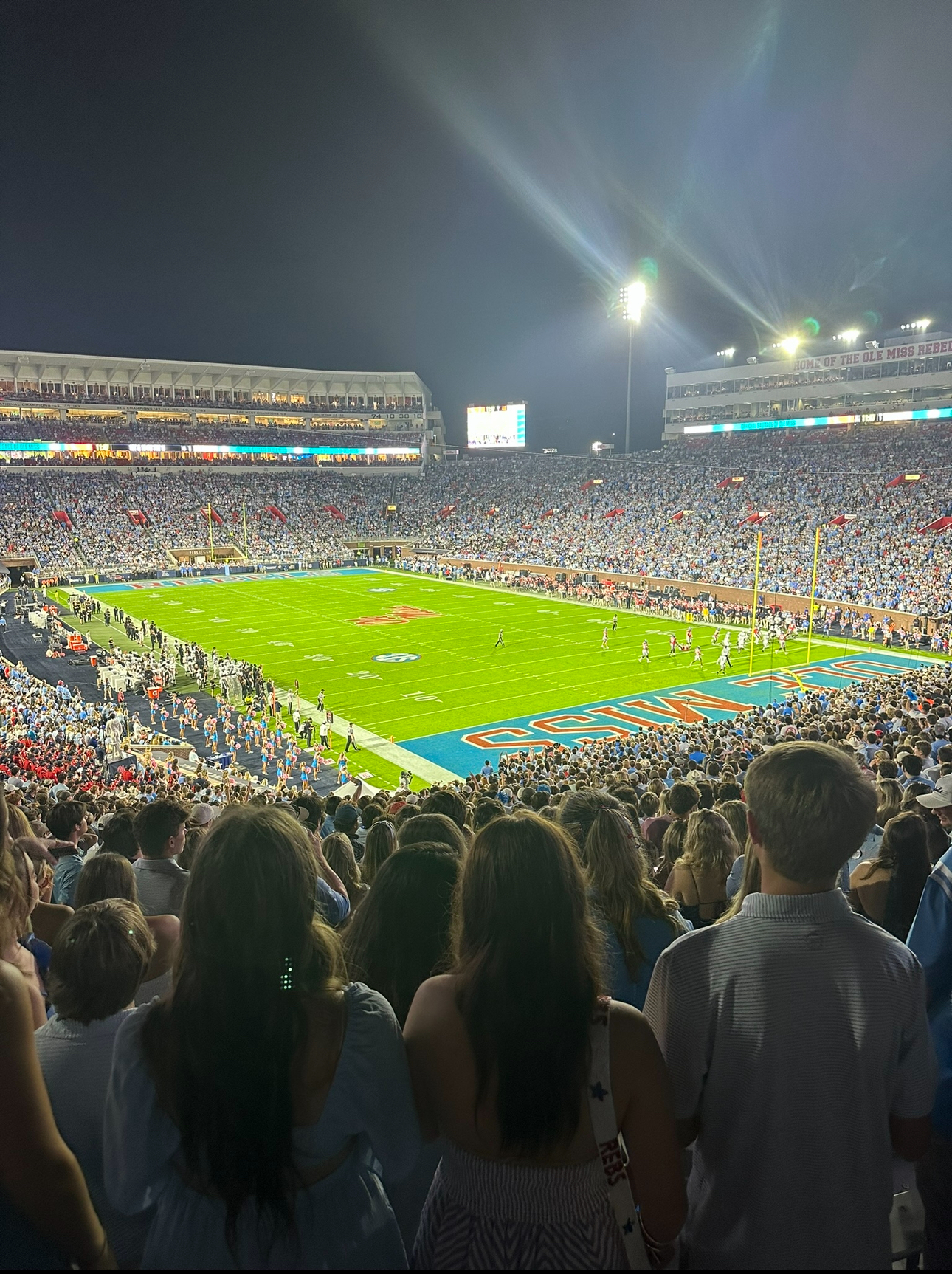 This photo shows the Ole Miss Rebels facing Vanderbilt University in their homecoming game on October 28, 2023. The Rebels won 33-7.