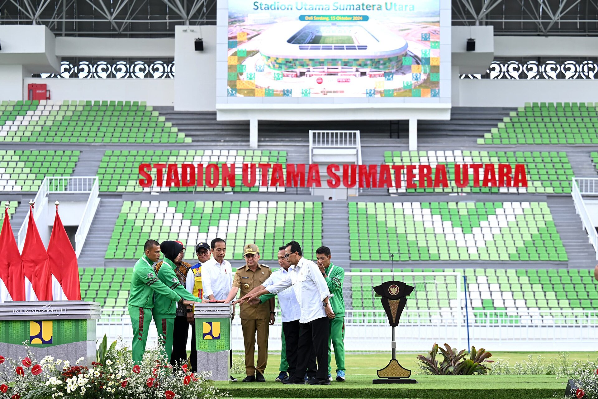 President Joko Widodo inaugurates the North Sumatra Main Stadium in Deli Serdang Regency on Tuesday, 15 October 2024. He emphasizes the importance of the stadium's maintenance and the utilization of the sports center.