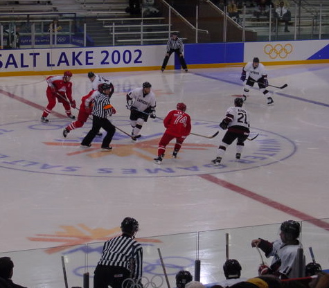 Ice hockey match Austria vs. Latvia , Preliminary Round of 2002 Winter Olympics hockey tournament, February 9, 2002, Provo Utah Austria vs Latvia